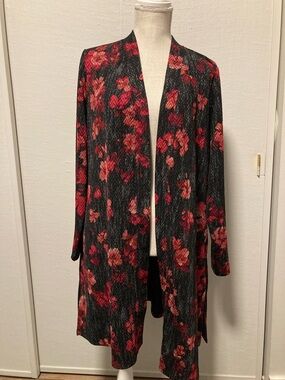 Susan Graver Open-Front Floral Cardigan - Red on Black